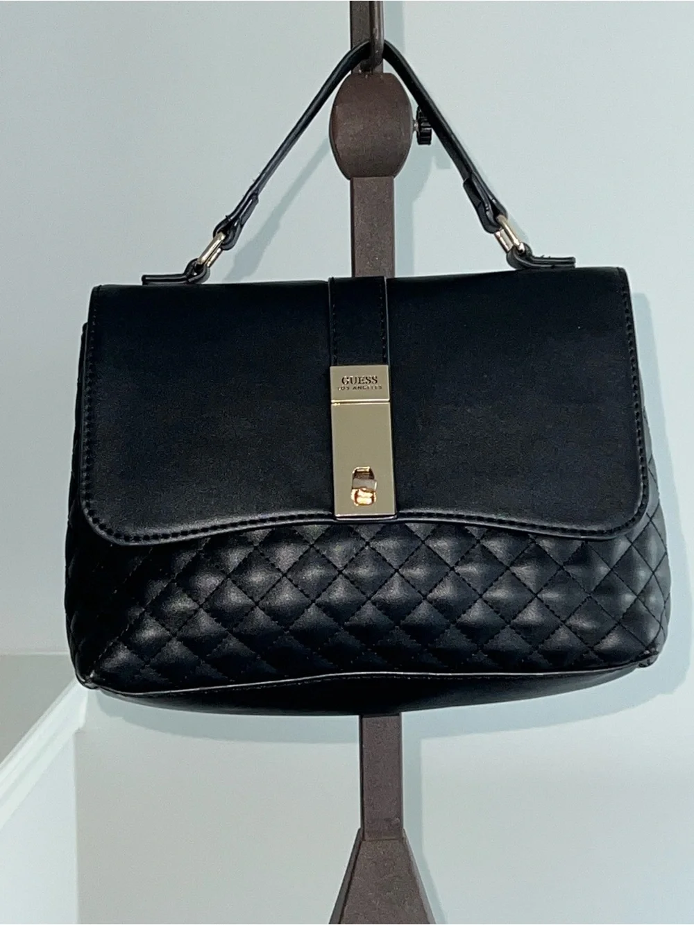 GUESS Los Angeles Black Quilted Top Handle Shoulder Bag Satchel Gold Hardware